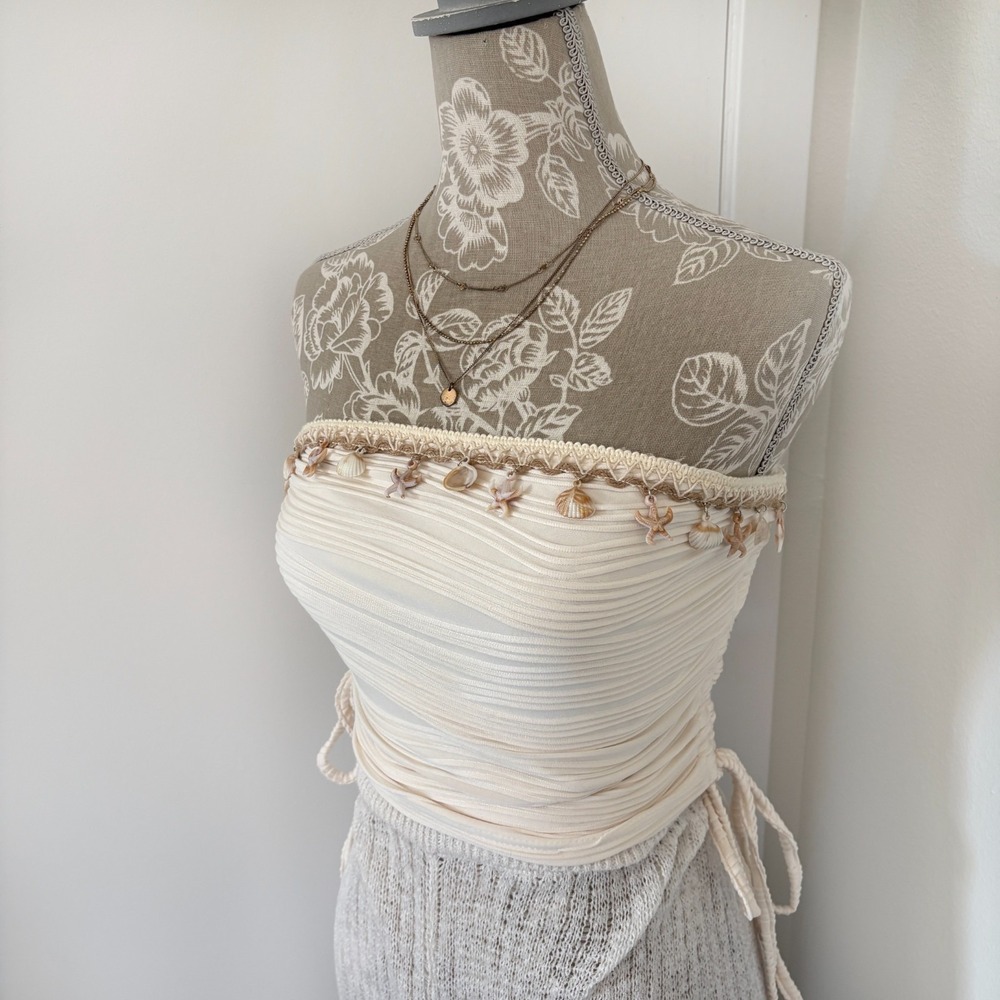 Unbranded Cream Ruched Tube Top Seashell Starfish Charms Beach Sz S XS-S
